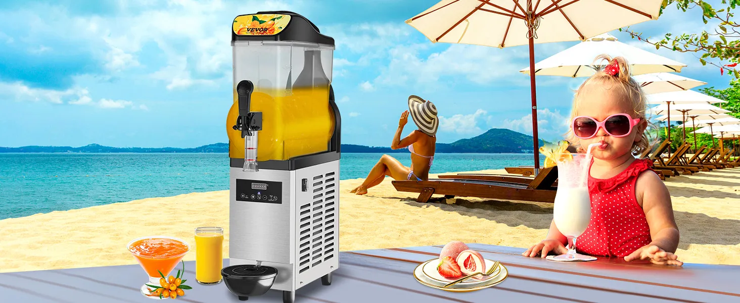 Escena de playa con máquina de granizados VEVOR, bebidas y un niño con un vestido rojo con fondo tropical.