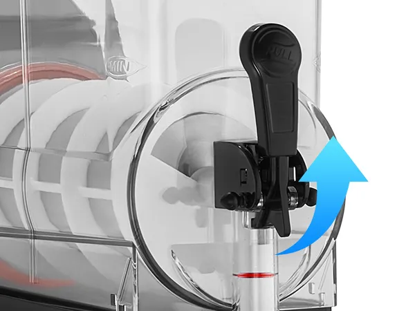 Primer plano de un pico transparente de una máquina de granizados VEVOR con una palanca negra y un mezclador en espiral en el interior.