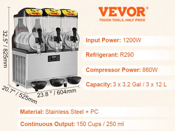 Máquina de granizados VEVOR, 3 tanques, 1200w, acero inoxidable, 3,2 galones cada uno, 150 tazas de salida continua.