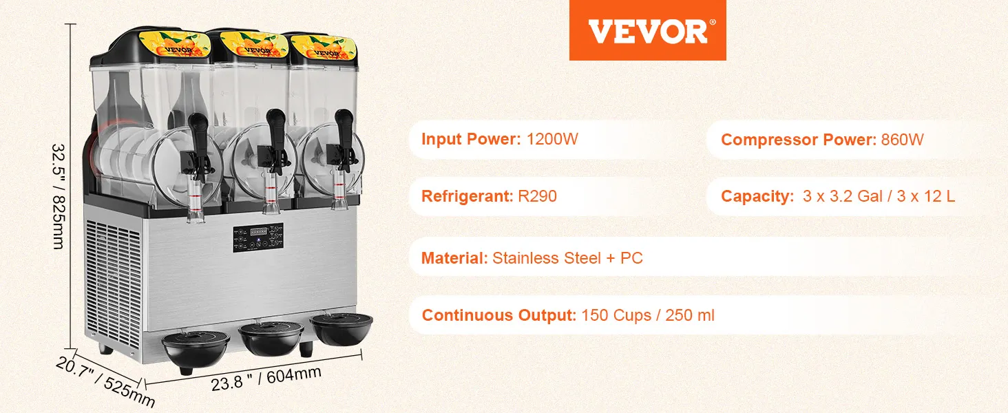 Máquina de granizados VEVOR, 3 tanques, 1200w, acero inoxidable, 3,2 galones cada uno, 150 tazas de salida continua.