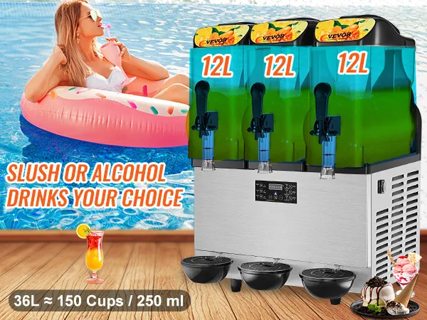 Máquina de granizados VEVOR junto a la piscina, que ofrece granizados o bebidas alcohólicas, capacidad de 36 l para 150 vasos.
