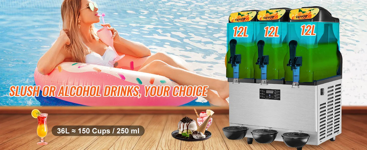 Máquina de granizados VEVOR junto a la piscina, que ofrece granizados o bebidas alcohólicas, capacidad de 36 l para 150 vasos.