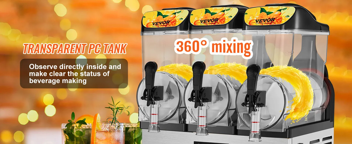 Máquina de granizados VEVOR con tanques de PC transparentes para un fácil monitoreo de bebidas y mezcla de 360°.
