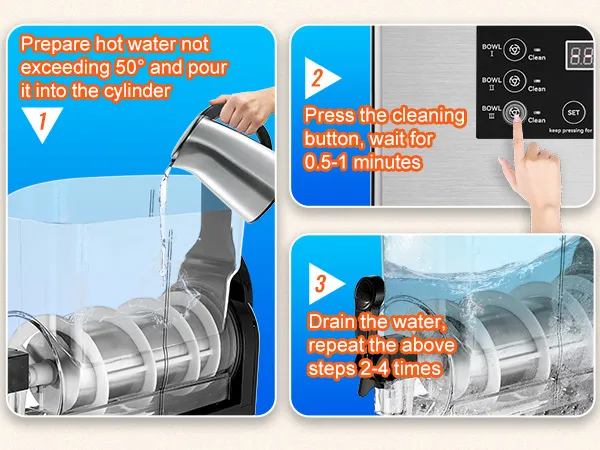 verter agua caliente en el cilindro, presionar el botón de limpieza y drenar el agua en el proceso de limpieza de la máquina de granizados VEVOR.