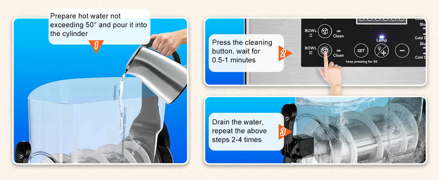 verter agua caliente en el cilindro, presionar el botón de limpieza y drenar el agua en el proceso de limpieza de la máquina de granizados VEVOR.