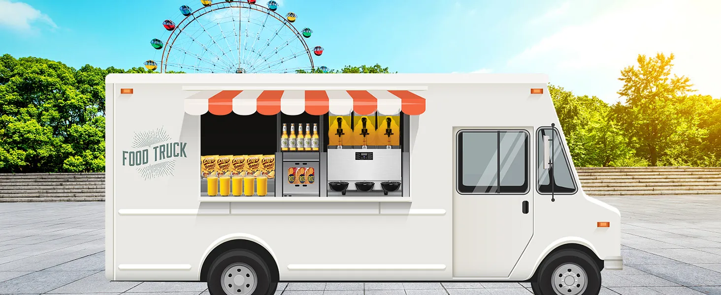 Camión de comida con máquina de granizados VEVOR, bebidas, snacks y una noria colorida de fondo.