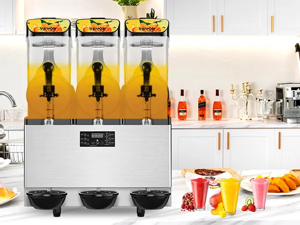 Máquina de granizados VEVOR en una cocina moderna con diversas bebidas granizadas de colores y golosinas en la encimera.