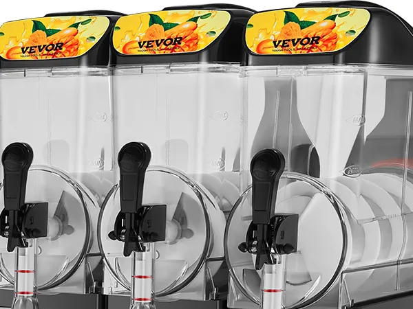 Máquina de granizados VEVOR con tres dispensadores, con gráficos de frutas vibrantes y manijas negras.