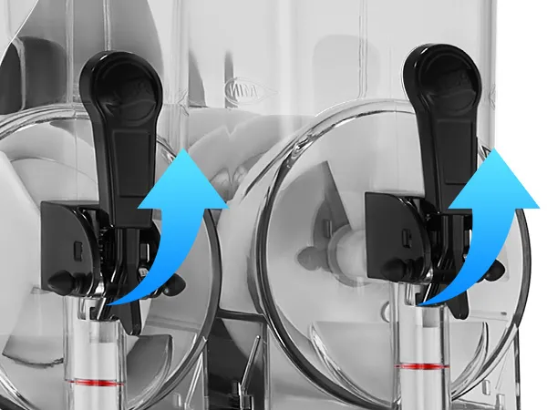 Máquina de granizados VEVOR con dos asas dispensadoras, contenedores transparentes e indicadores de flecha azules.