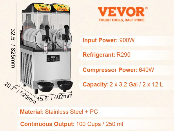 Máquina de granizados comercial VEVOR con tanques duales de 3,2 galones, entrada de 900 W y construcción de acero inoxidable.