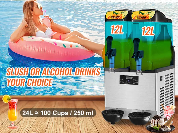 Máquina de granizados comercial VEVOR junto a la piscina con una persona en un flotador inflable, bebidas y postres.