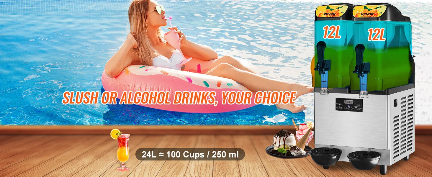 Máquina de granizados comercial VEVOR junto a la piscina con una persona en un flotador inflable, bebidas y postres.