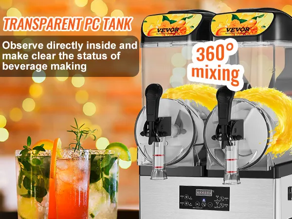 Máquina de granizados comercial VEVOR con mezcla de 360° y tanque de PC transparente para una fácil observación de las bebidas.