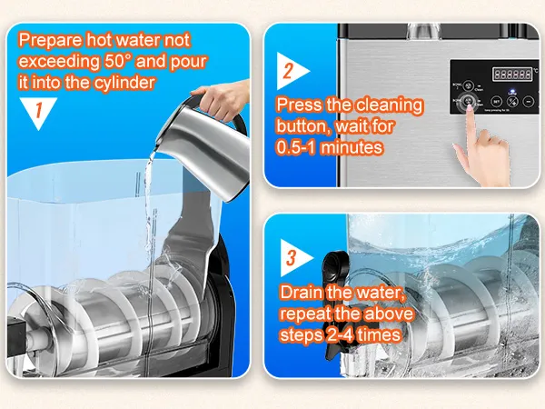 Instrucciones de limpieza para máquina de granizados comercial VEVOR: agregue agua caliente, presione limpiar, repita 2 a 4 veces.