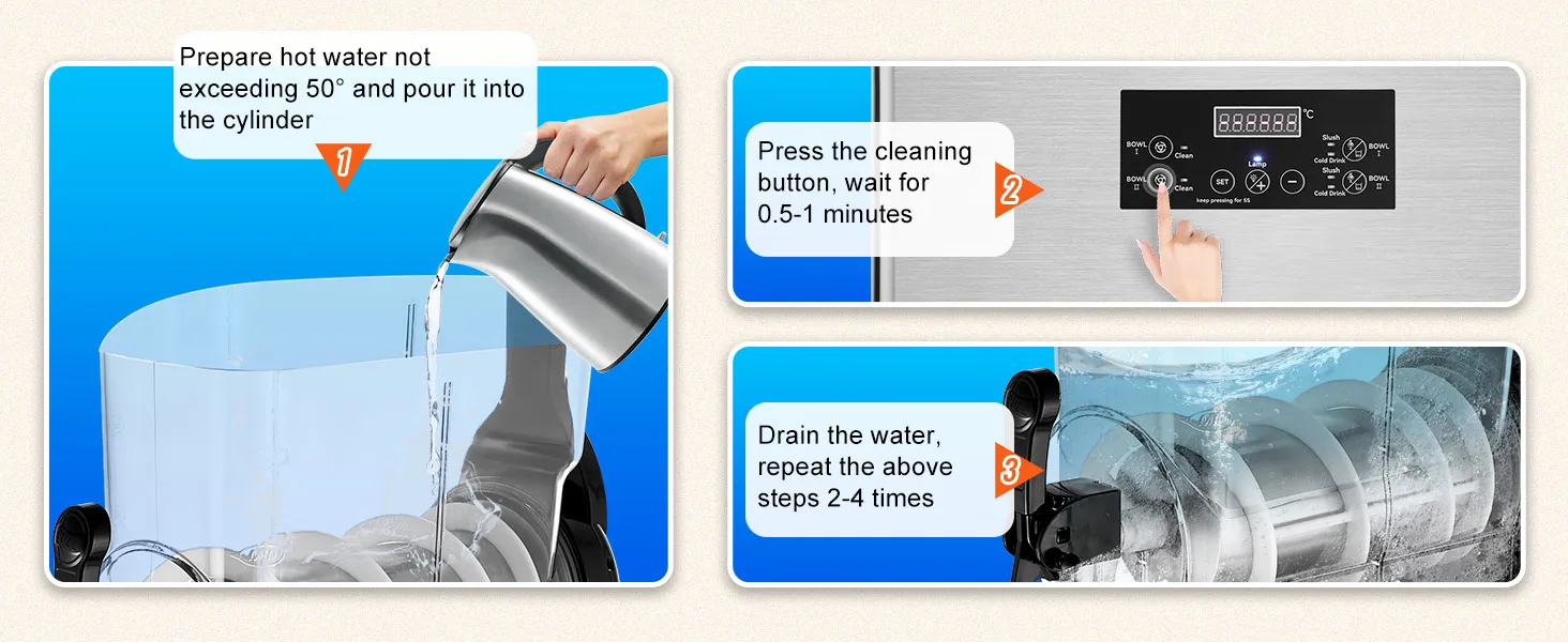 Instrucciones de limpieza para máquina de granizados comercial VEVOR: agregue agua caliente, presione limpiar, repita 2 a 4 veces.