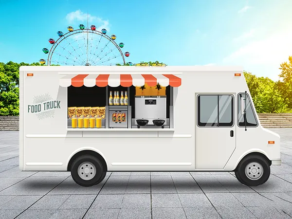 Camión de comida con bocadillos, bebidas y máquina de granizados comerciales VEVOR debajo de un toldo de rayas al lado de una noria.