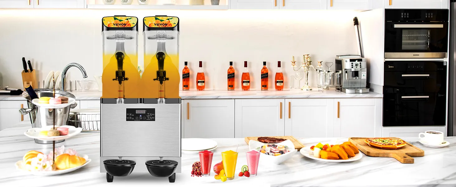 Máquina de granizados comercial VEVOR en una cocina moderna con bebidas de frutas, postres y pasteles en el mostrador.