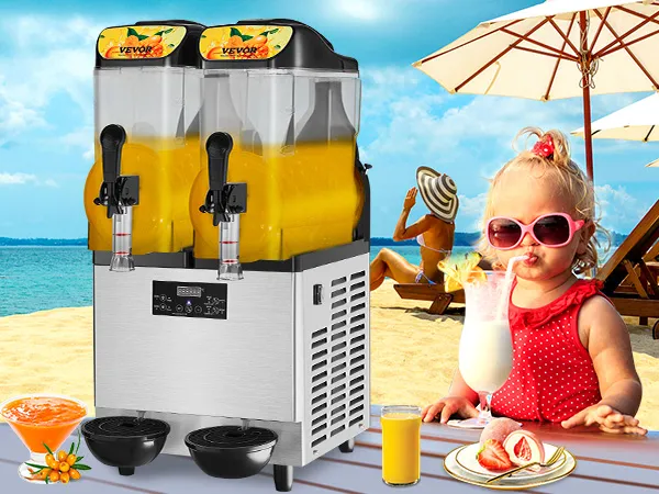 Máquina comercial de granizados VEVOR en una playa con bebidas, un niño y una mujer tomando el sol en el fondo.