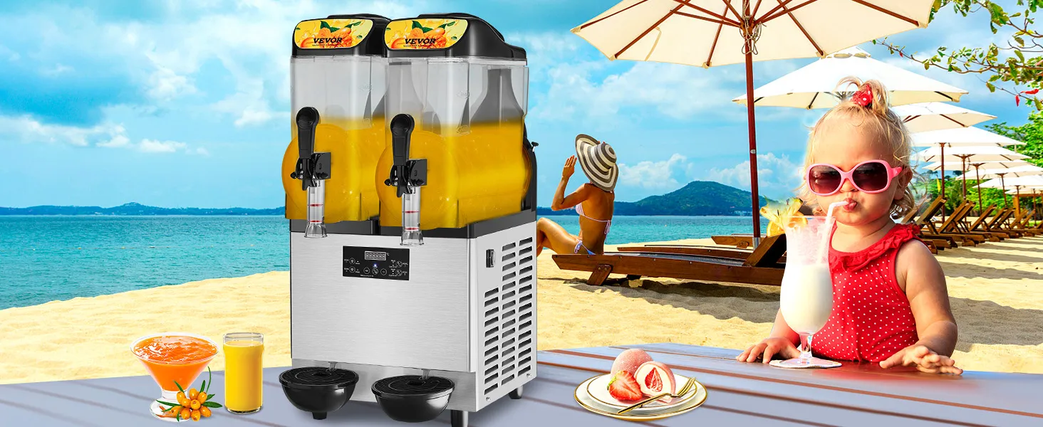 Máquina comercial de granizados VEVOR en una playa con bebidas, un niño y una mujer tomando el sol en el fondo.