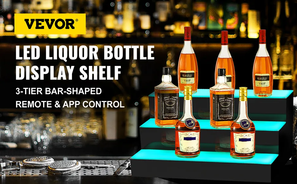 VEVOR led lighted liquor bottle display shelf with 3-tier bar shape, remote & app control.