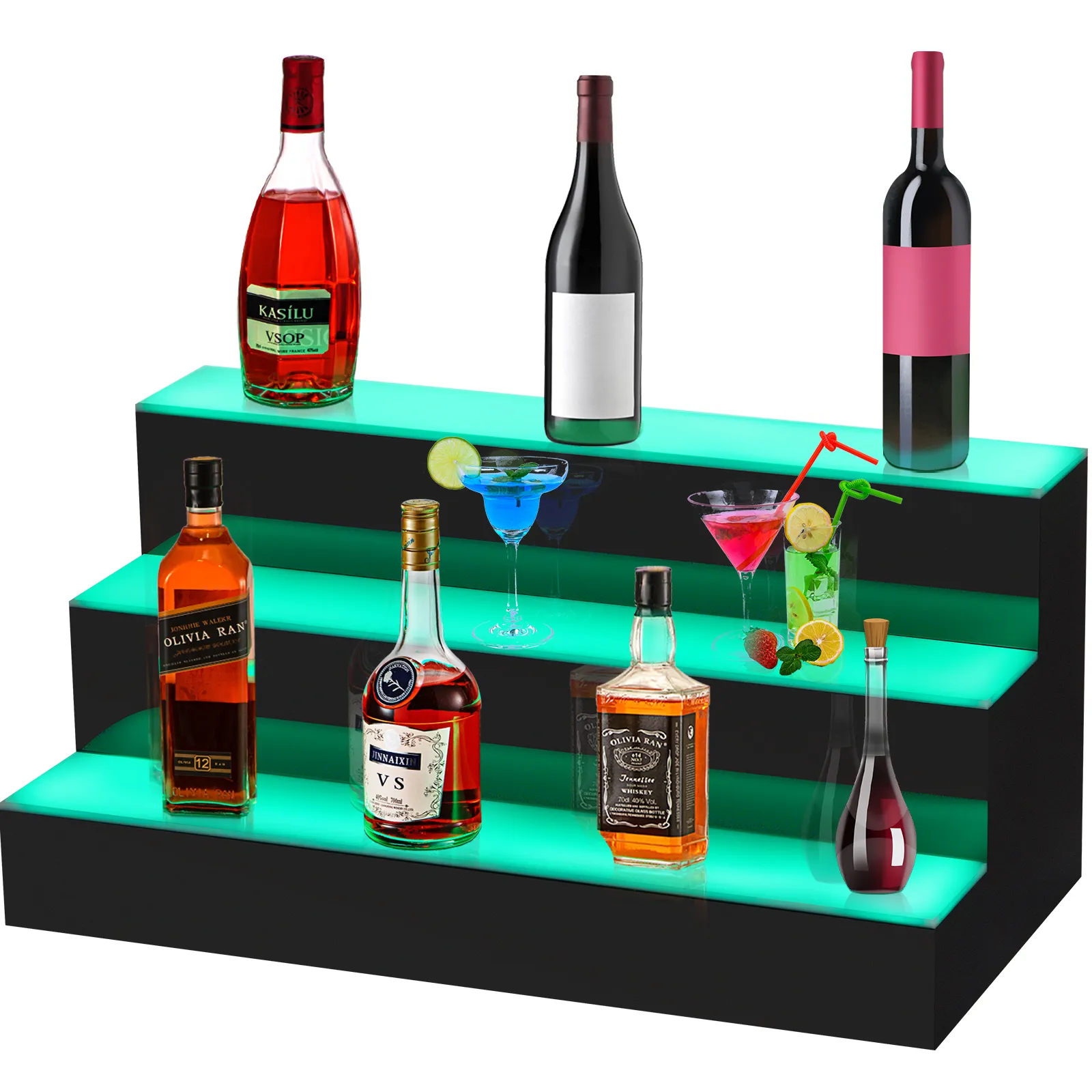 VEVOR led lighted liquor bottle display shelf showcasing various bottles and cocktails.