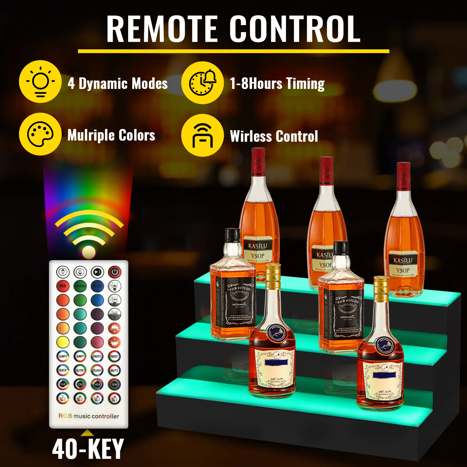 VEVOR led lighted liquor bottle display shelf with remote control and multiple colors.