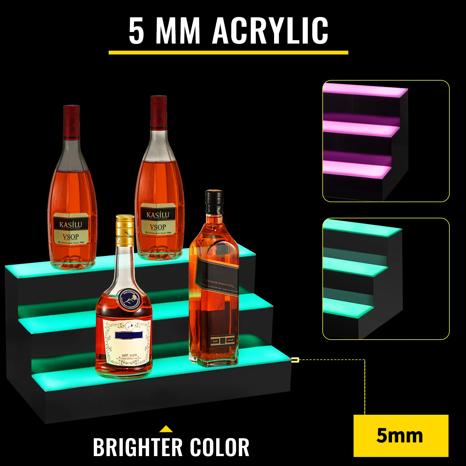 VEVOR led lighted liquor bottle display shelf with 5mm acrylic steps and brighter color.