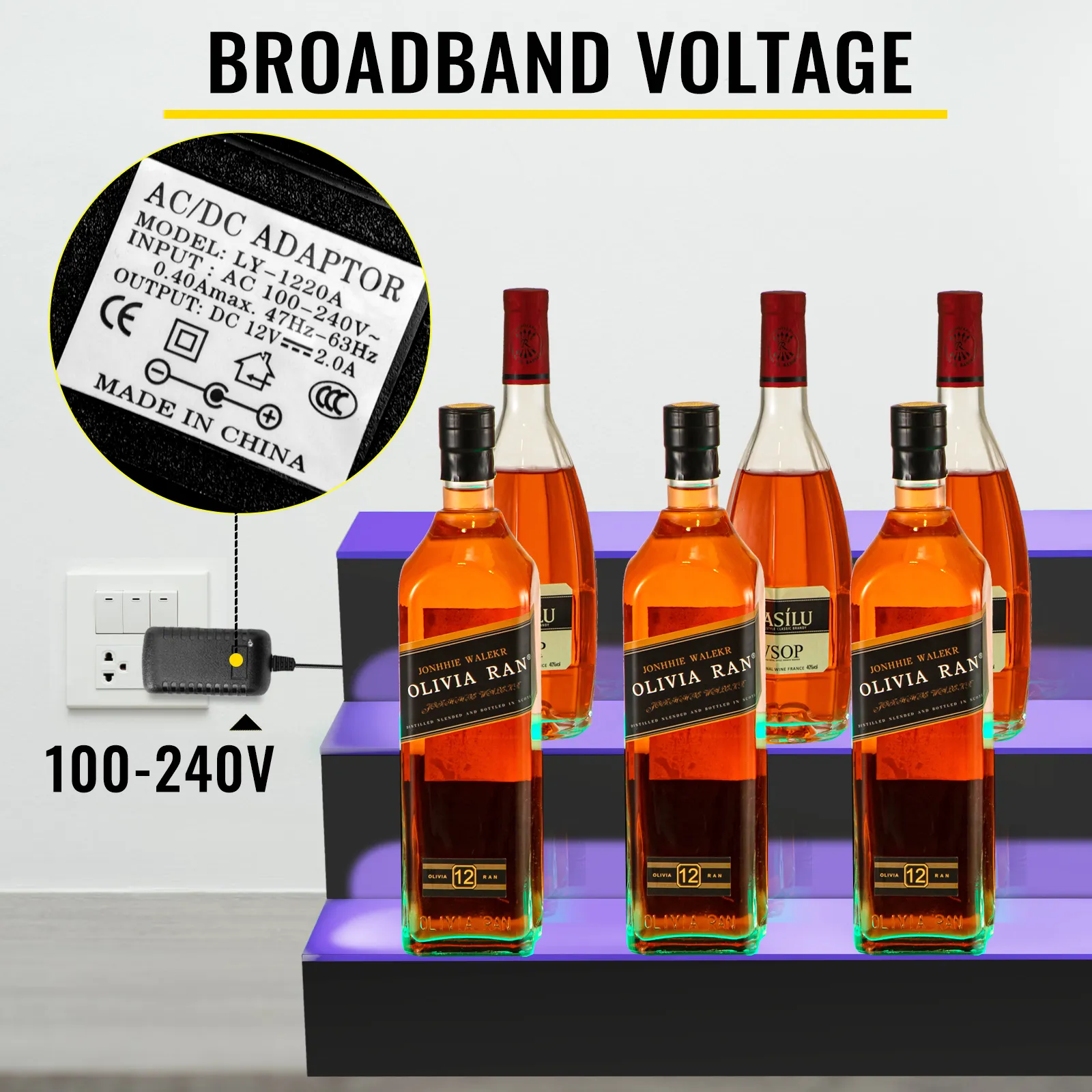 VEVOR led lighted liquor bottle display shelf with broadband voltage adapter.