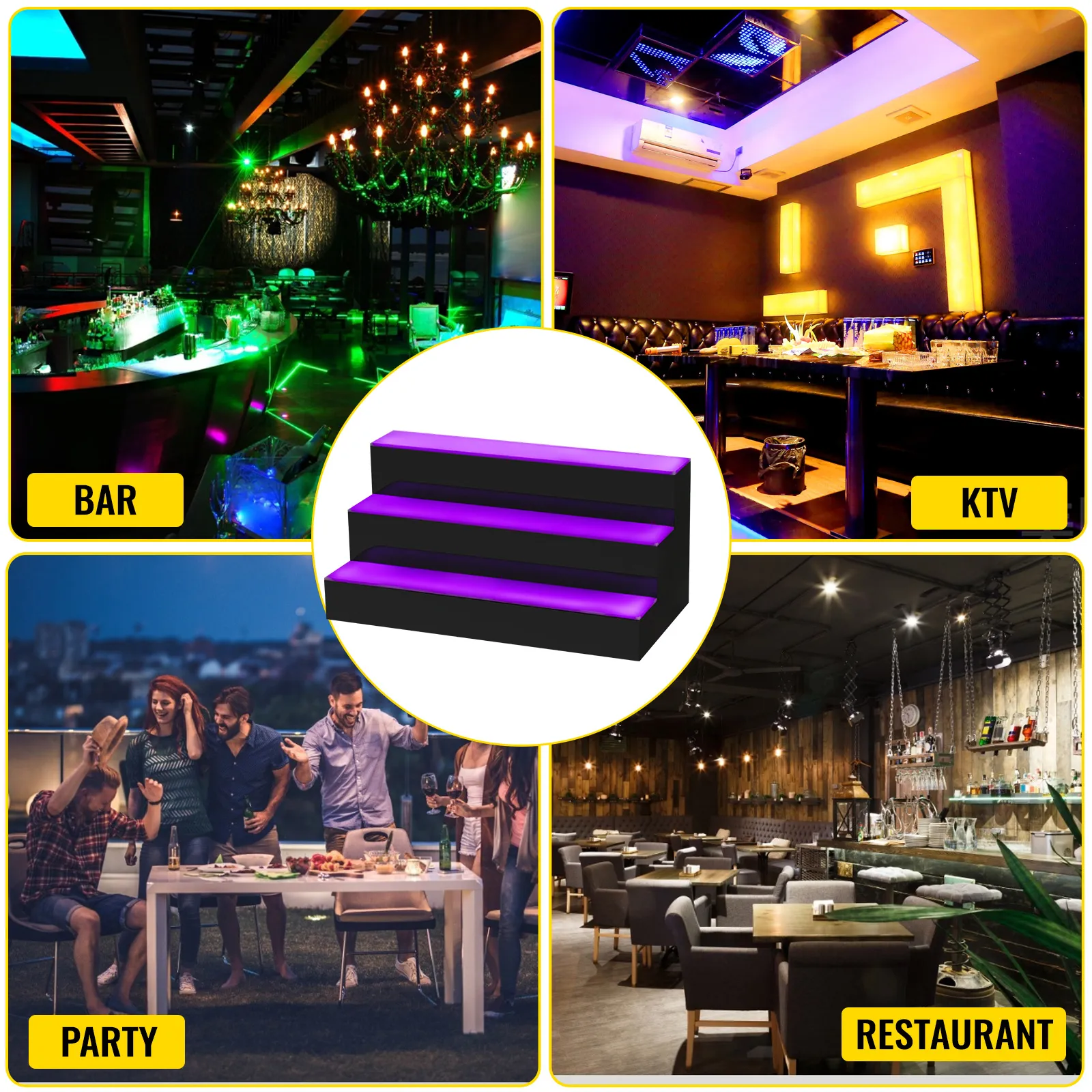 VEVOR led lighted liquor bottle display shelf in bar, ktv, party, and restaurant settings.