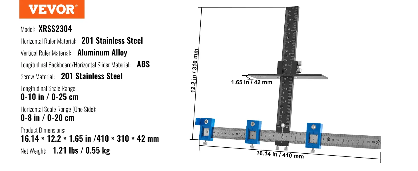 VEVOR cabinet hardware jig with stainless steel and aluminum alloy rulers, 0-10 in and 0-8 in scale ranges.