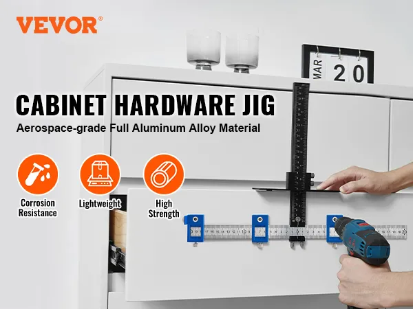 VEVOR cabinet hardware jig in use, lightweight, corrosion-resistant, aerospace aluminum alloy.