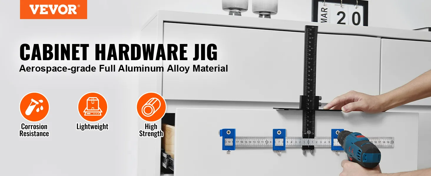 VEVOR cabinet hardware jig in use, lightweight, corrosion-resistant, aerospace aluminum alloy.