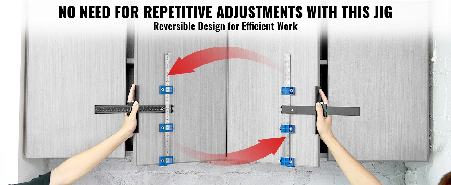 hands using VEVOR cabinet hardware jig with reversible design to align cabinet doors without adjustments.