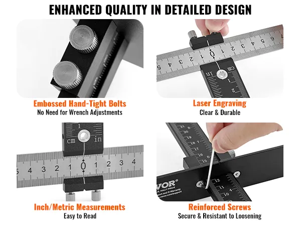 VEVOR cabinet hardware jig with hand-tight bolts, laser engraving, inch/metric measurements, reinforced screws.