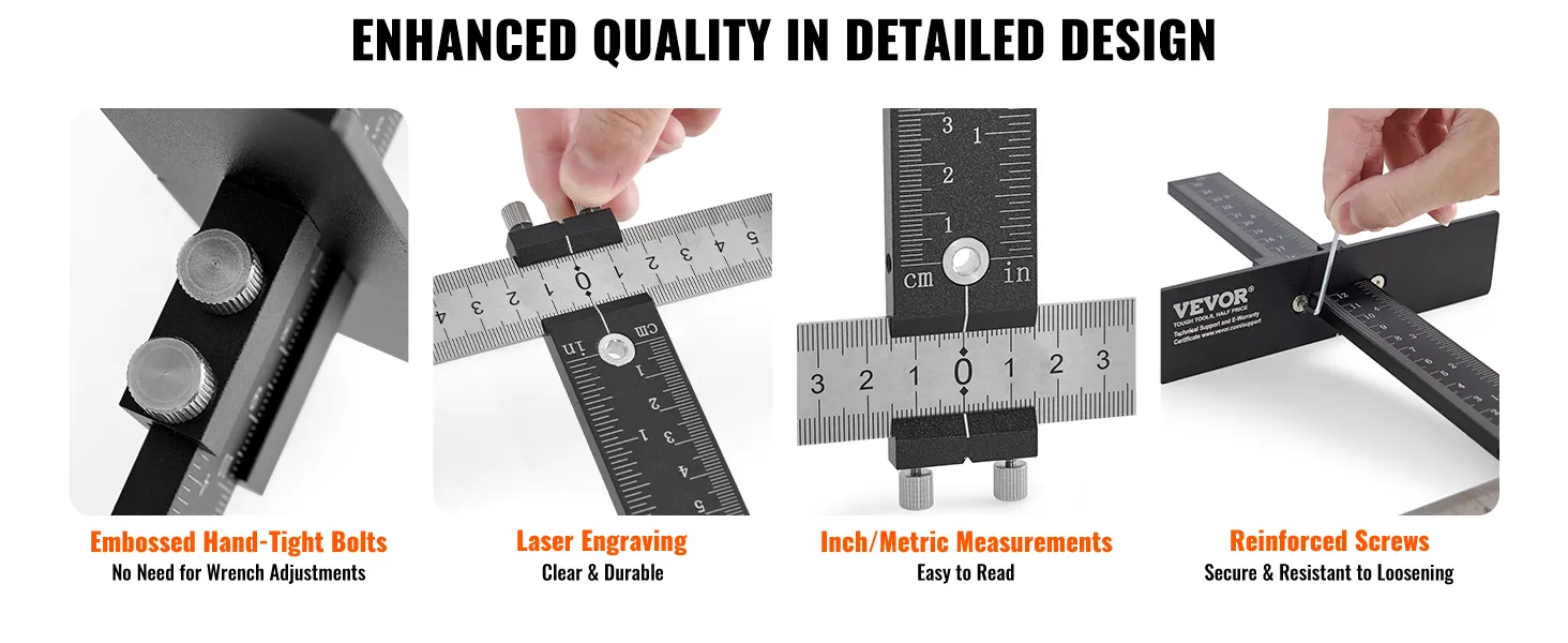 VEVOR cabinet hardware jig with hand-tight bolts, laser engraving, inch/metric measurements, reinforced screws.