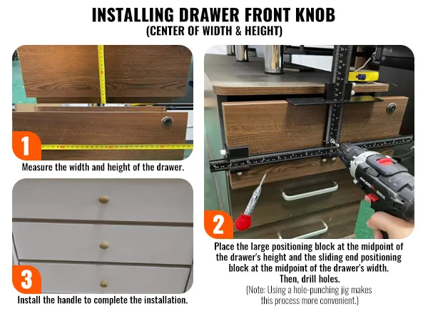installing drawer front knob using VEVOR cabinet hardware jig: measure, align, drill, and attach handle.