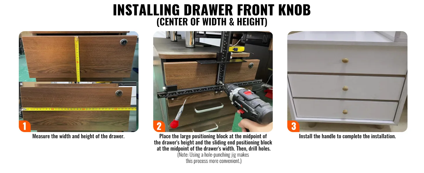 installing drawer front knob using VEVOR cabinet hardware jig: measure, align, drill, and attach handle.