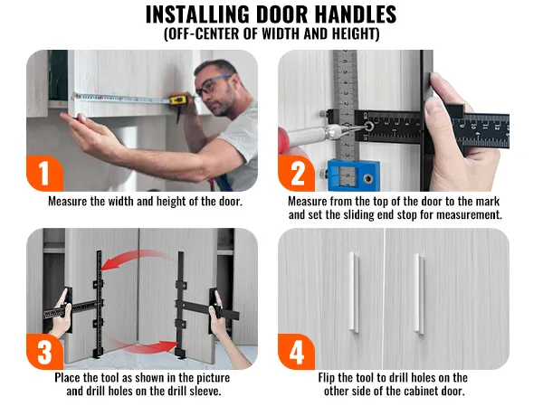 steps for installing door handles using the VEVOR cabinet hardware jig. measure, drill, and install.