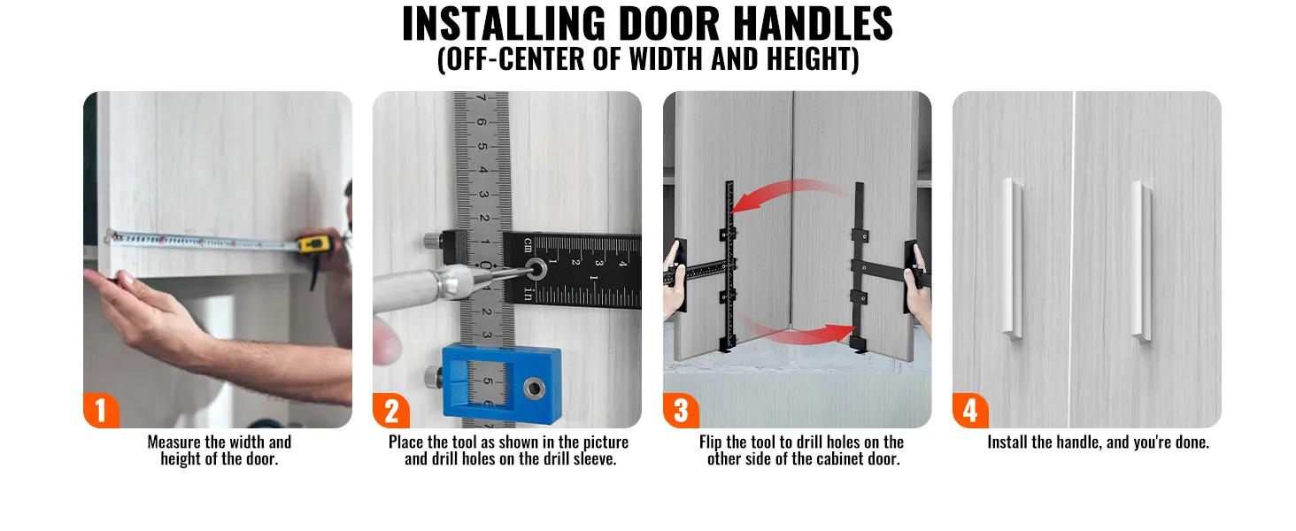 steps for installing door handles using the VEVOR cabinet hardware jig. measure, drill, and install.