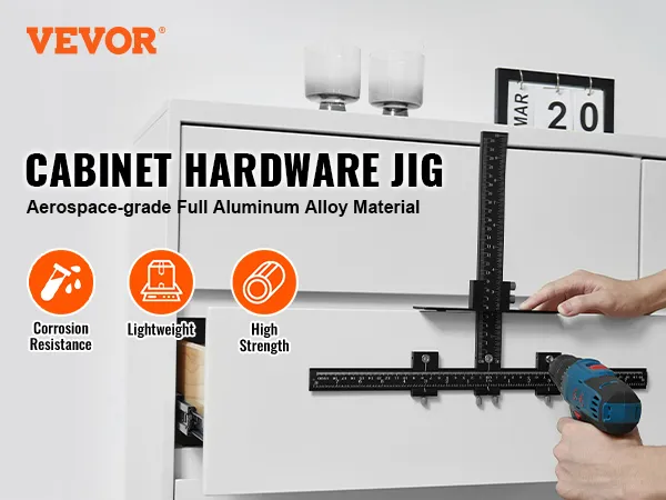 VEVOR cabinet hardware jig in use, showcasing corrosion resistance, lightweight, and high strength features.