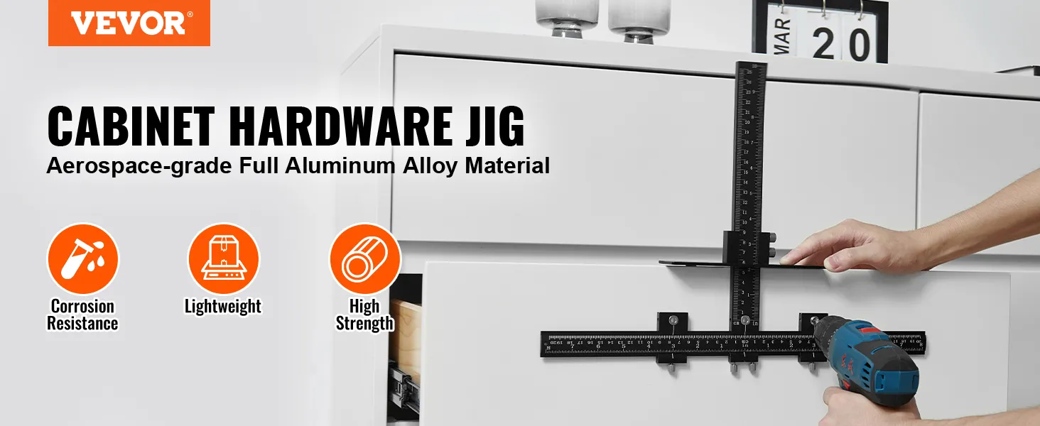 VEVOR cabinet hardware jig in use, showcasing corrosion resistance, lightweight, and high strength features.