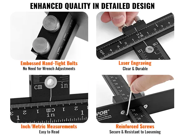 VEVOR cabinet hardware jig with hand-tight bolts, laser engraving, inch/metric scales, reinforced screws.