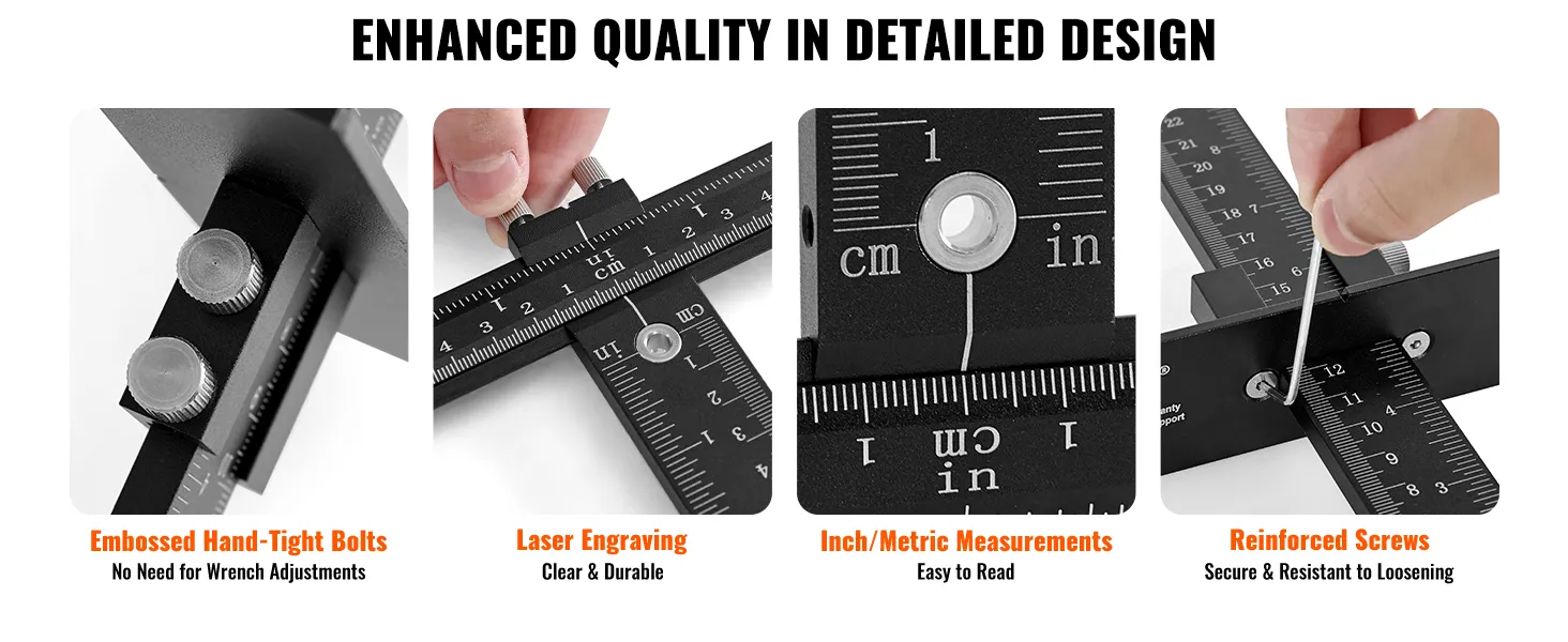 VEVOR cabinet hardware jig with hand-tight bolts, laser engraving, inch/metric scales, reinforced screws.