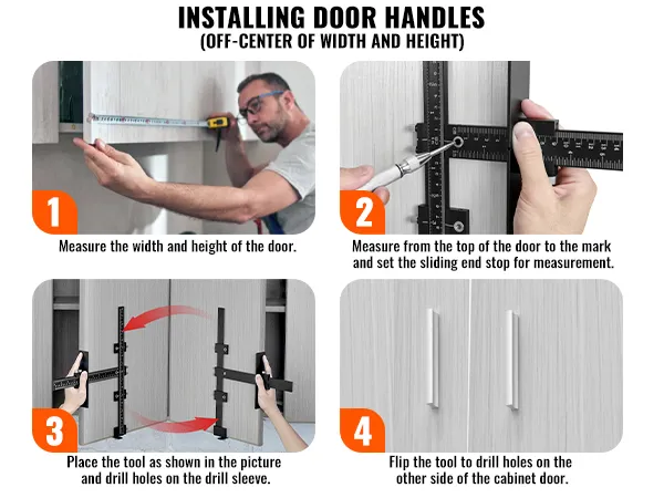 steps to install door handles using VEVOR cabinet hardware jig: measure, drill, flip, install.