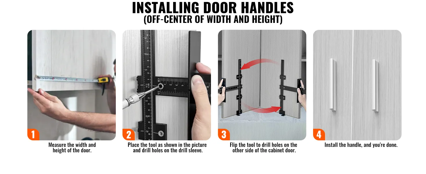 steps to install door handles using VEVOR cabinet hardware jig: measure, drill, flip, install.