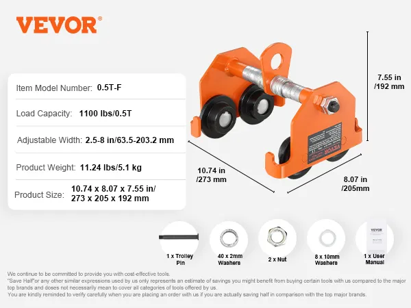 Carro manual VEVOR, modelo 0,5tk con capacidad de 1100 lbs, dimensiones: 10,74" x 8,07" x 7,55".