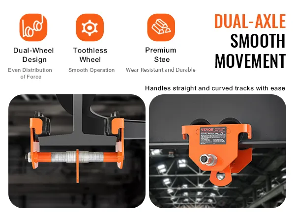 Carro manual VEVOR que muestra un movimiento suave de doble eje, diseño de doble rueda, rueda sin dientes y acero de primera calidad.