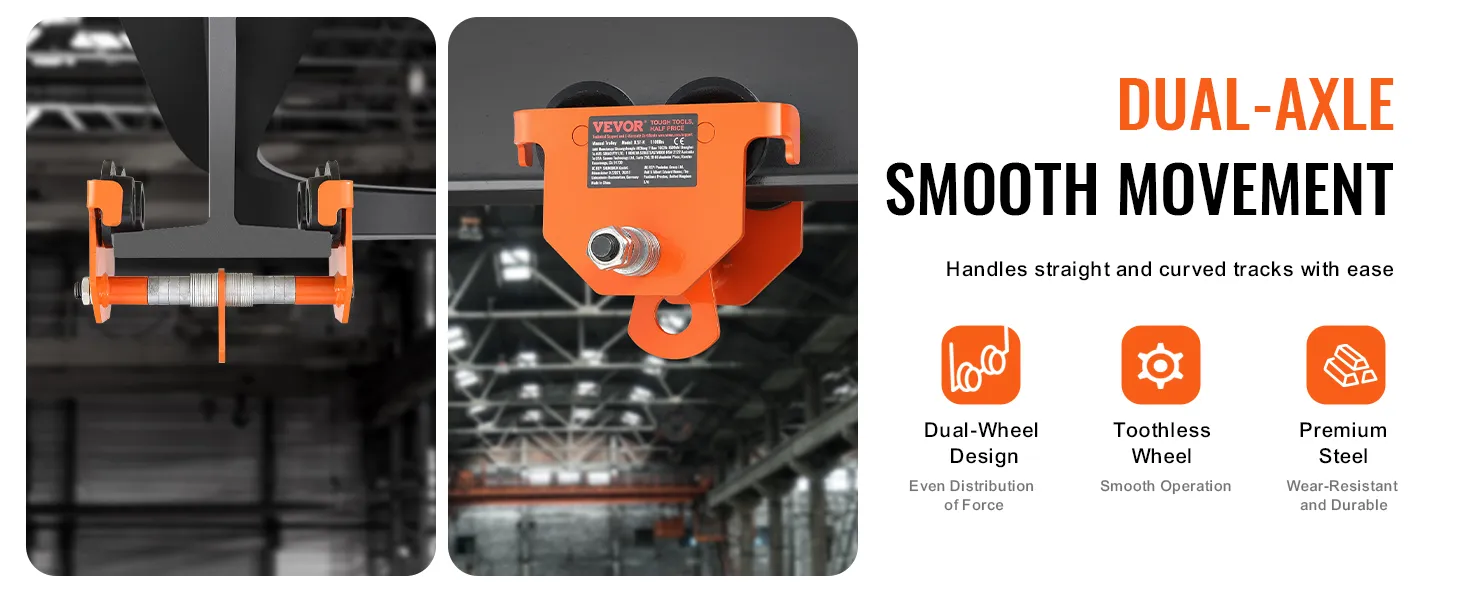 Carro manual VEVOR que muestra un movimiento suave de doble eje, diseño de doble rueda, rueda sin dientes y acero de primera calidad.