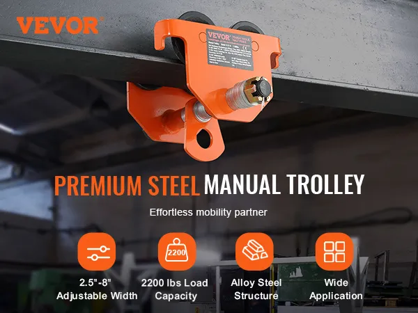VEVOR manual trolley with adjustable width, 2200 lbs load capacity, and alloy steel structure.