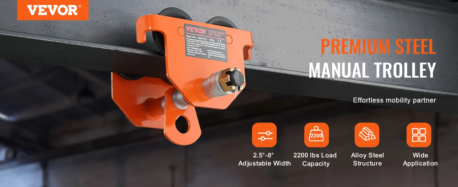 VEVOR manual trolley with adjustable width, 2200 lbs load capacity, and alloy steel structure.